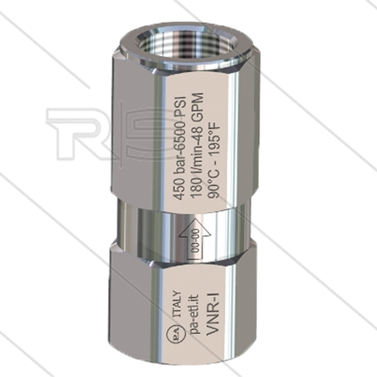 VNR-I - Terugslagklep - RVS - 400 Bar - 25 l/min - max 90°C - 2 x 1/4&quot; bi