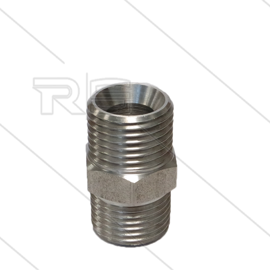 Verloopnippel - RVS - 1/2'' bu x 3/8'' bu - conisch en vlakdichtend - 400 Bar