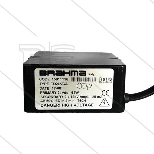 Brandertrafo Tecno.mec - TD2LVCA - Brahma - Primair: 24V DC - 2,1A - Secundair: 2 x 12 kV - 25mA