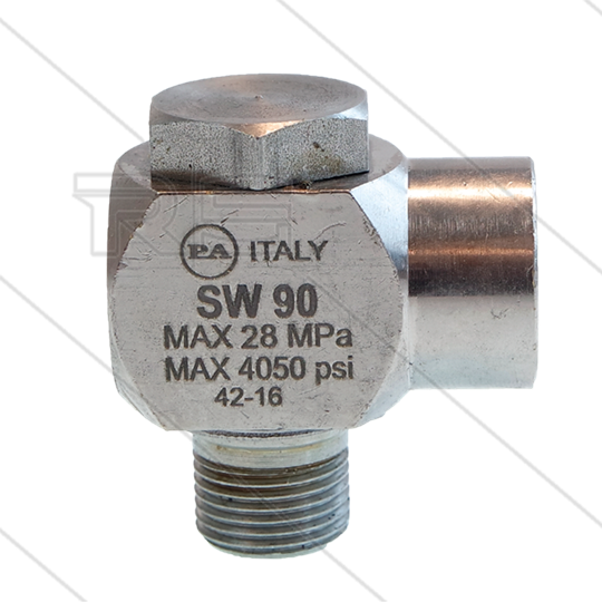 SW90 - Swivel - haaks - Messing / RVS - 250 Bar - 40 l/min - max 90°C - 30 tpm - 3/8&quot; bu x 1/4&quot; bi
