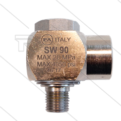 SW90 - Swivel - haaks - Messing / RVS - 250 Bar - 40 l/min - max 90°C - 30 tpm - 1/4&quot; bu x 1/4&quot; bi