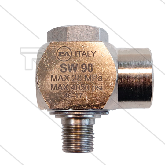 SW90 - Swivel - haaks - Messing / RVS - 250 Bar - 40 l/min - max 90°C - 30 tpm - 1/4&quot; bu x 1/4&quot; bi