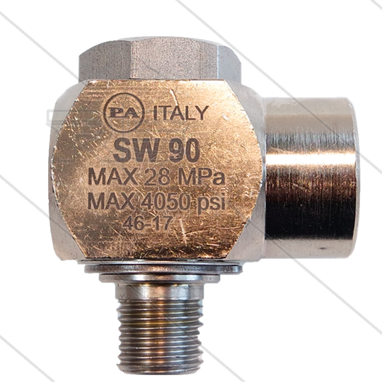 SW90 - Swivel - haaks - Messing / RVS - 250 Bar - 40 l/min - max 90°C - 30 tpm - 3/8&quot; bu x 3/8&quot; bi