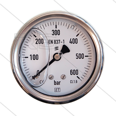 Manometer 0-600 Bar - 1/4&quot; bu - achteraansluiting - Ø63mm