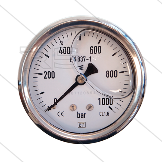 Manometer 0-1000 Bar - 1/4&quot; bu - achteraansluiting - Ø63mm