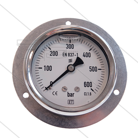 Manometer 0-600 Bar - 1/4&quot; bu - achteraansluiting - Ø63mm - paneelmontage