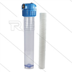 Patroonfilter 20" - 2x 1" bi - transparant glas - inclusief 20 mµ touwpatroon - 45 l/min - H=594mm