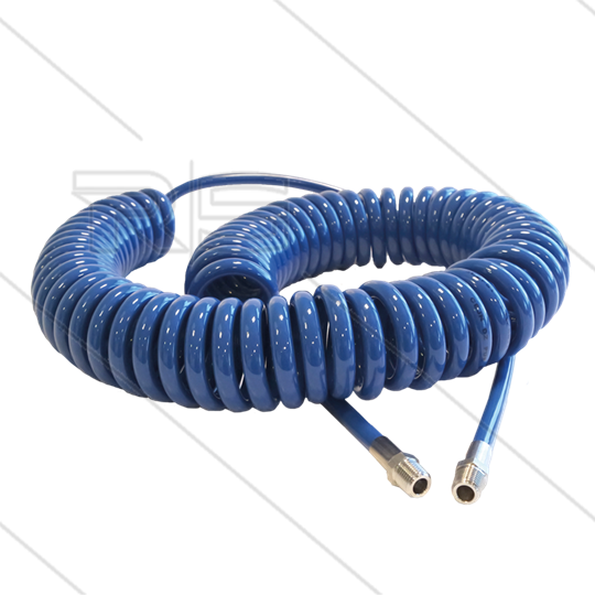 Spiraalslang blauw PU - L=8,0m - Ø10mm - 2x 1/4&quot; bu met RVS koppelingen